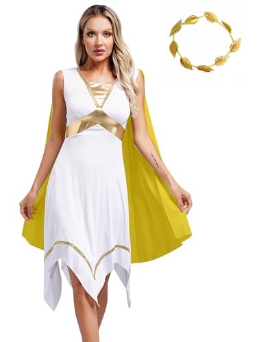 MSemis Griechische Göttin Kostüm für Damen Ärmellos Toga Cosplay Kleid Lang PartyKleid Und Blattgirlande Kopfbedeckung Fasching Karneval Gelb XXL von MSemis