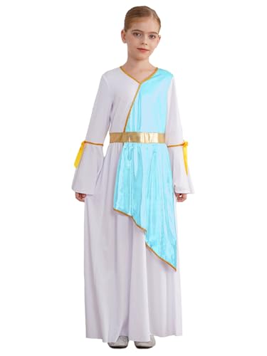 MSemis Griechische Göttin Robe Kinder Mädchen Antike Prinzessin Kleid Langarm Römische Partykleider Farbe Block Maxikleid Blau 134-140 von MSemis