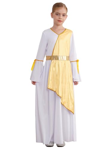 MSemis Griechische Göttin Robe Kinder Mädchen Antike Prinzessin Kleid Langarm Römische Partykleider Farbe Block Maxikleid Gold 122-128 von MSemis