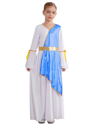 MSemis Griechische Göttin Robe Kinder Mädchen Antike Prinzessin Kleid Langarm Römische Partykleider Farbe Block Maxikleid Königsblau 158-164 von MSemis