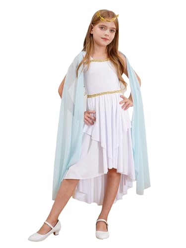 MSemis Griechische Römische Göttin Karneval Kostüm Mädchen Ärmellos Prinzessin Kleid und Kranz Stirnband Halloween Party Fastnacht Hellblau 122-128 von MSemis