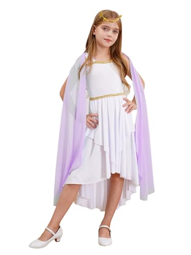 MSemis Griechische Römische Göttin Karneval Kostüm Mädchen Ärmellos Prinzessin Kleid und Kranz Stirnband Halloween Party Fastnacht Lavendel 146-152 von MSemis