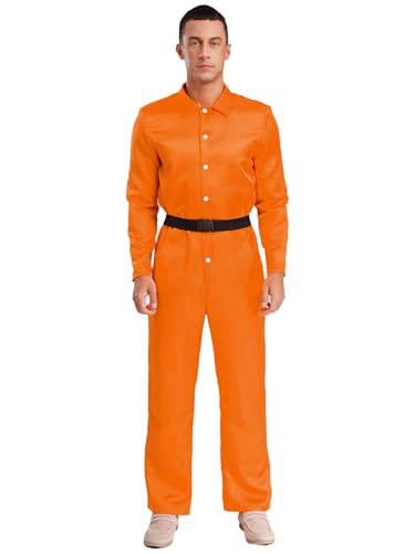 MSemis Häftling Kostüm Herren Lange Ärmel Ganzkörper Jumpsuit mit Bund Gefängnis Uniform Prisoner Overall Halloween Karneval Orange 3XL von MSemis