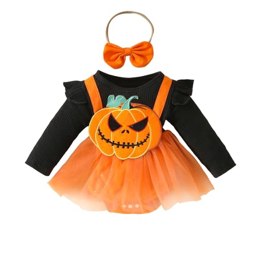 MSemis Halloween Baby Mädchen Kürbis Tutu Tüll Kleid Langärmeliges Kürbisgesicht Prinzessin Kleid mit Stirnband Karneval Faschingskostüm Orange 50-56 von MSemis