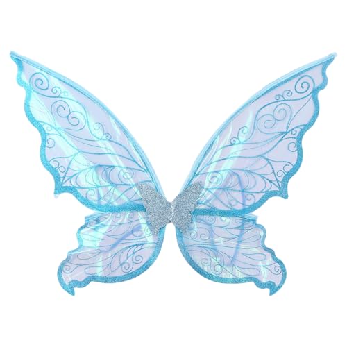 MSemis Halloween Engel Cosplay Set Feenflügel mit Spitzohren Zauberstab Kranz Glitter Schmetterling Engelsflügel Weihnachten Fee Cosplay Fasching Blau Flügel One Size von MSemis