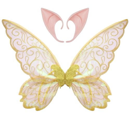 MSemis Halloween Feenflügel mit Elfen Spitzohren Set Glitter Schmetterling Engelsflügel Elfenohren Weihnachten Fee Cosplay Set Fasching Karneval Gelb One Size von MSemis