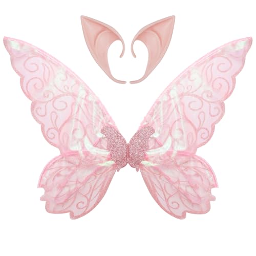 MSemis Halloween Feenflügel mit Elfen Spitzohren Set Glitter Schmetterling Engelsflügel Elfenohren Weihnachten Fee Cosplay Set Fasching Karneval Rosa One Size von MSemis