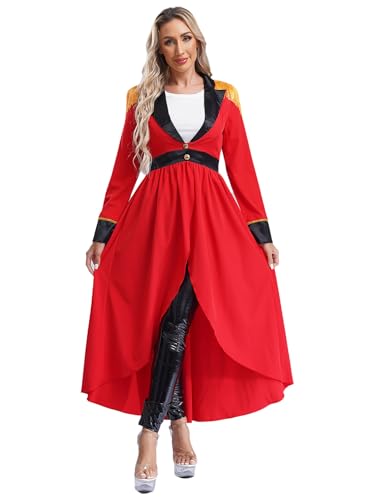 MSemis Halloween Kostüm Damen Zirkus Ringmaster Frack Langarm Mantel Fransen Jacke mit Quaste Epauletten Weihnachten Karneval Rot M von MSemis