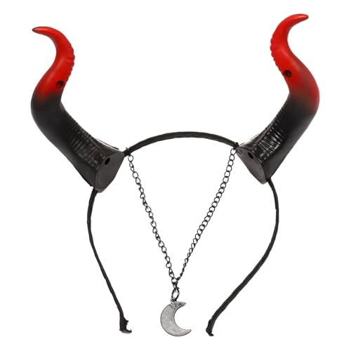 MSemis Halloween Teufel Hörner Haarreif mit Mondkette Anhänger Farbverlauf Dämon Hörner Stirnband Devil Cosplay Kopfschmuck Haar Accessoire Schwarz One Size von MSemis