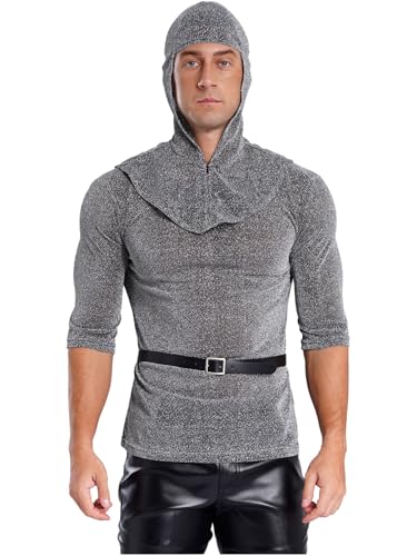 MSemis Herren 3-teiliges Ritter Kostüm Set Hut Halbarm Pullover Hemd und Kunstledergürtel Mittelalter Tunika Kleidung Wikinger Anzug Grau XXL von MSemis