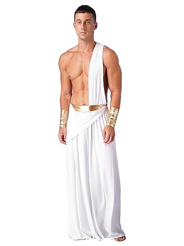 MSemis Herren Altgriechisch Cosplay Halloween Griechischer Krieger Kostüme Langer Rock mit Armbändern Ein Schulterriemen Römische Toga Karneval Themenparty Weiß L von MSemis