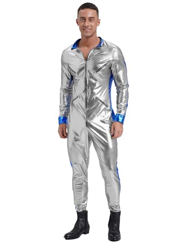 MSemis Herren Astronaut Kostüm Spaceman Overall Weltraum Raumfahrer Halloween Cosplay Erwachsene Glänzend Karneval Kostüm Silber L von MSemis