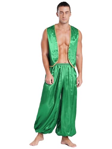 MSemis Herren Festliche Zweiteiliger Arabischer Prinz Kostüm Satin Weste Mit Golden Besatz+Aladinhose Fasching Mottoparty Grün L von MSemis