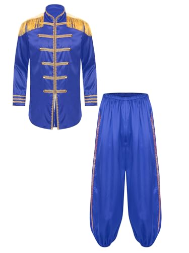 MSemis Herren Halloween Hippie Mittelalterlich Kostüme Lange Satin Jacken Steampunk Quaste Schulter Mantel mit Hosen Karneval Outfits Königsblau M von MSemis