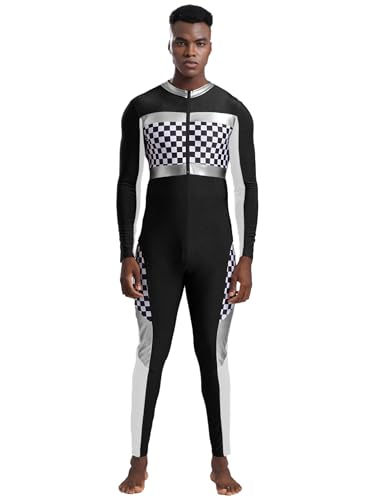 MSemis Herren Rennfahrer Kostüm Lang Racing Jumpsuit mit Schachbrettmuster Einteiliger Langarm Body Overall Fasching Kostüm Schwarz 3XL von MSemis