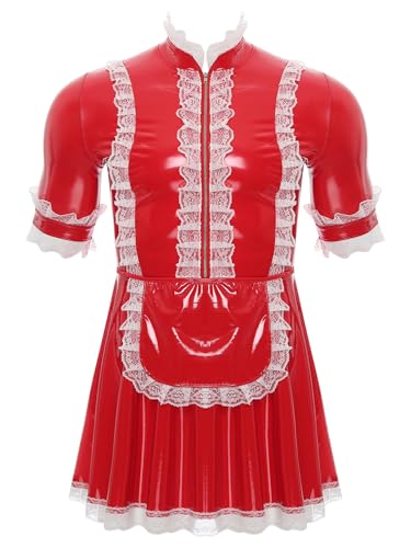 MSemis Herren Sissy Crossdresser Dienstmädchen Cosplay Kostüm Lackleder Unterwäsche Kurzarm Sissy Kleid Uniform Verkleidung Rot 3XL von MSemis