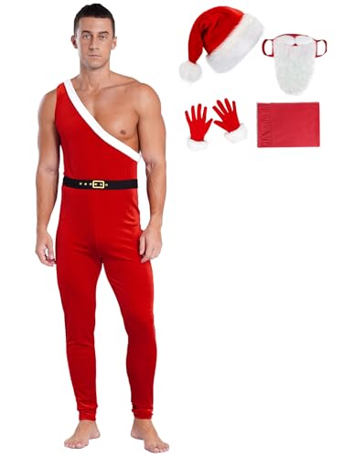 MSemis Herren Weihnachtsanzug ärmellos Bodysuit mit Gürtel und Hut Bart Handschuhe Schal Set Weihnachtsmann Kostüm Rot A 3XL von MSemis