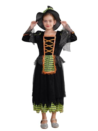 MSemis Hexenkostüm Kinder Mädchen Lang Hexenkleid Party Festkleid & Hexenhut verkleiden Cosplay Kostüm Set Grün 128-134 von MSemis