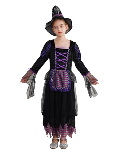 MSemis Hexenkostüm Kinder Mädchen Lang Hexenkleid Party Festkleid & Hexenhut verkleiden Cosplay Kostüm Set Violett 140-152 von MSemis