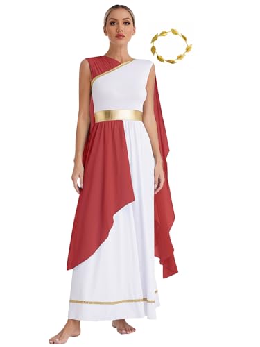 MSemis Historisches Römisches Kostüm für Damen Ärmellos Griechisches Toga + Blatt Stirnband Outfit Erwachsene kaiserliche Halloween Kostüm Burgundy XL von MSemis