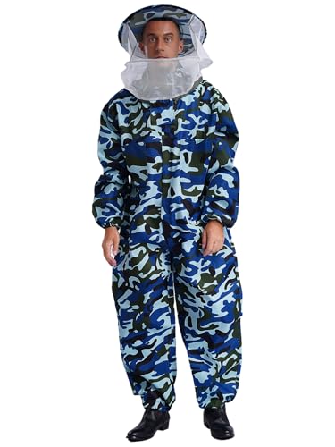 MSemis Imkeranzug Classic für Erwachsene Einteiliger Lang Berufsimkeranzug Overall mit belüfteter Kapuze Schutzbekleidung Bienen-Outfit Camouflage Blau L von MSemis