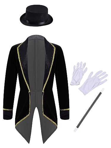 MSemis Jungen Mädchen Zirkus Kostüm Langarm Samt Frack mit Hut Zauberstab Handschuhe für Halloween Cosplay Outfits Schwarz 128 von MSemis