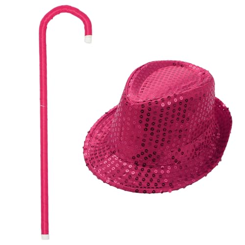 MSemis Kinder Halloween Pailletten Fedora Hut Performance Tanzstock Set Glänzende Magiehut Street Dance Hut Jazz-krücke Mottoparty Karneval Zubehör Hot Pink One Size von MSemis