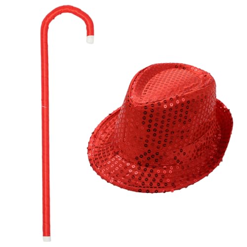 MSemis Kinder Halloween Pailletten Fedora Hut Performance Tanzstock Set Glänzende Magiehut Street Dance Hut Jazz-krücke Mottoparty Karneval Zubehör Rot One Size von MSemis