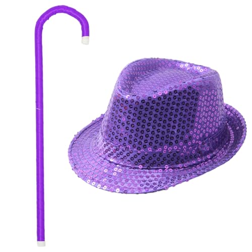 MSemis Kinder Halloween Pailletten Fedora Hut Performance Tanzstock Set Glänzende Magiehut Street Dance Hut Jazz-krücke Mottoparty Karneval Zubehör Violett One Size von MSemis