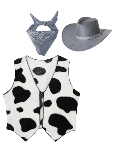 MSemis Kinder Kostüm Cowboy Cowgirl Kuh Bedruckte Weste und Bandana Cowboyhut Set Halloween Cosplay Verkleidungszubehör Grau 134-140 von MSemis