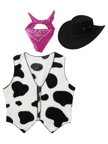 MSemis Kinder Kostüm Cowboy Cowgirl Kuh Bedruckte Weste und Bandana Cowboyhut Set Halloween Cosplay Verkleidungszubehör Hot Pink 98-104 von MSemis