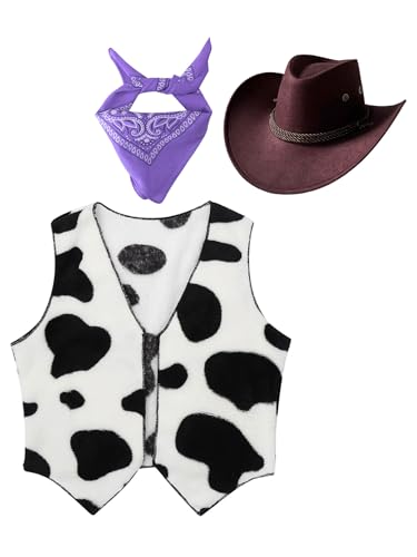 MSemis Kinder Kostüm Cowboy Cowgirl Kuh Bedruckte Weste und Bandana Cowboyhut Set Halloween Cosplay Verkleidungszubehör Violett 170 von MSemis