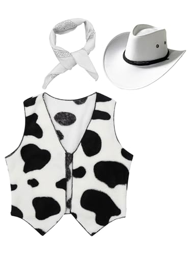 MSemis Kinder Kostüm Cowboy Cowgirl Kuh Bedruckte Weste und Bandana Cowboyhut Set Halloween Cosplay Verkleidungszubehör Weiß 158-164 von MSemis