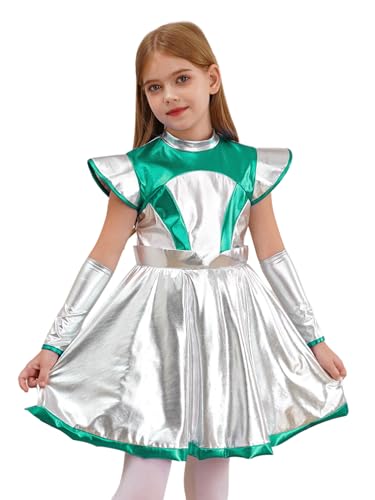 MSemis Kinder Mädchen Alien Kleid Kostüm Metallic Glitzer Faltenkleid Midi Partykleid mit Armstulpen Verkleidung für Cosplay Karneval Grün 170 von MSemis