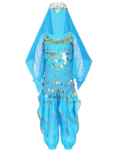 MSemis Kinder Mädchen Bauchtanz Kostüm Set Orientalischer Tanz Outfit 4Stück Top Hosen Hip Schal Kopftuch Dancewear Himmelblau 116-140 von MSemis