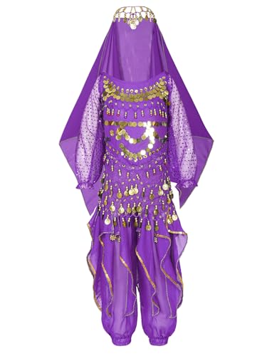 MSemis Kinder Mädchen Bauchtanz Kostüm Set Orientalischer Tanz Outfit 4Stück Top Hosen Hip Schal Kopftuch Dancewear Violett 140-152 von MSemis