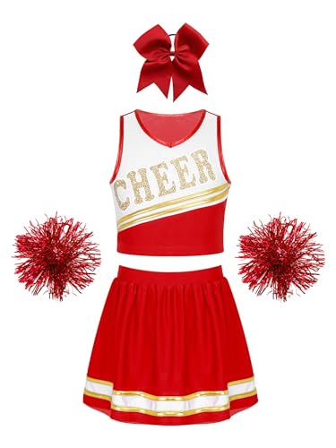 MSemis Kinder Mädchen Cheerleading Kostüm Ärmellos Brief Druck Crop Top+ Mini Rock + Pompons +Bowknot Kopfbedeckung Fasching Party Halloween B Rot 134-140 von MSemis