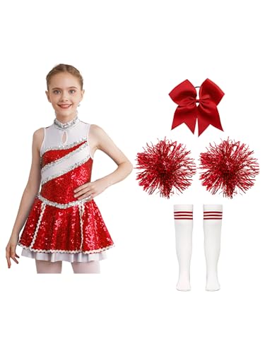 MSemis Kinder Mädchen Glänzende Cheerleading Kostüm Ärmellos Tanzkleid mit Pompoms Harrband Strümpfe Schulmädchen Uniform Karneval Fasching B Rot 110-116 von MSemis