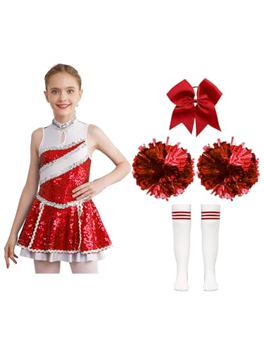 MSemis Kinder Mädchen Glänzende Cheerleading Kostüm Ärmellos Tanzkleid mit Pompoms Harrband Strümpfe Schulmädchen Uniform Karneval Fasching Ein Rot 110-116 von MSemis