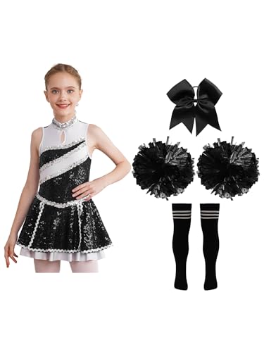 MSemis Kinder Mädchen Glänzende Cheerleading Kostüm Ärmellos Tanzkleid mit Pompoms Harrband Strümpfe Schulmädchen Uniform Karneval Fasching Ein Schwarz-Weiß 110-116 von MSemis