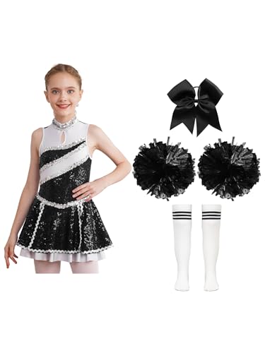 MSemis Kinder Mädchen Glänzende Cheerleading Kostüm Ärmellos Tanzkleid mit Pompoms Harrband Strümpfe Schulmädchen Uniform Karneval Fasching Ein Weiß&Schwarz 134-140 von MSemis