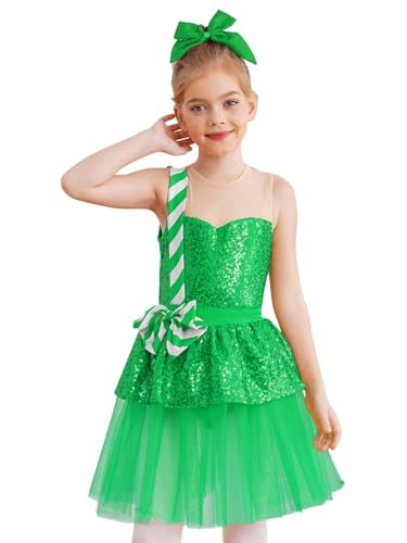 MSemis Kinder Mädchen Weihnachten Kleid Ärmellos Pailletten Streifen Tutu Kleid Glänzende Tanztrikot Weihnachtsparty Outfit Grün 158-164 von MSemis