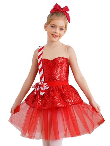 MSemis Kinder Mädchen Weihnachten Kleid Ärmellos Pailletten Streifen Tutu Kleid Glänzende Tanztrikot Weihnachtsparty Outfit Rot 158-164 von MSemis