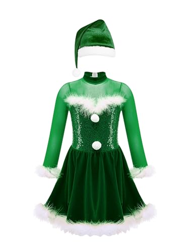 MSemis Kinder Mädchen Weihnachten Kleid Ärmellos Pailletten Streifen Tutu Kleid Langarm Tanztrikot Mit Hut Outfit Grün 170 von MSemis