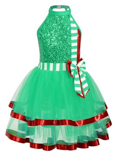 MSemis Kinder Mädchen Weihnachten Party Kleid Pailletten Streifen Tutu Kleid Ärmellos Zuckerstange Kostüm Festzug Kleidung Grün 146-152 von MSemis