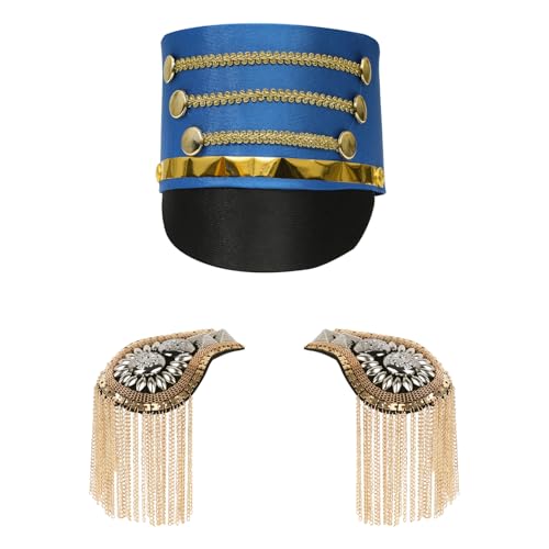 MSemis Kinder Marching Band Hut mit Golden Fransen Schulterklappen Set Soldatenhut Majoretten-Hut Uniform Epauletten Marching Band Kostüm Cosplay Marineblau One Size von MSemis