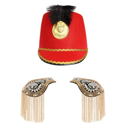 MSemis Kinder Marching Band Hut mit Golden Fransen Schulterklappen Set Soldatenhut Majoretten-Hut Uniform Epauletten Marching Band Kostüm Cosplay Rot A One Size von MSemis