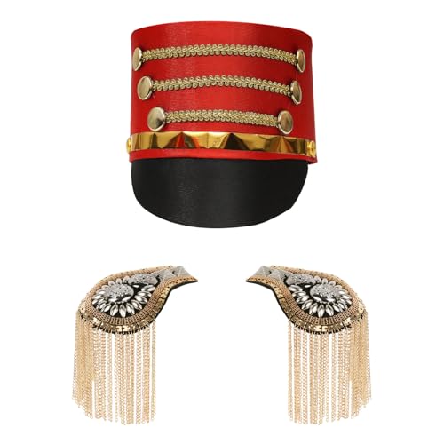 MSemis Kinder Marching Band Hut mit Golden Fransen Schulterklappen Set Soldatenhut Majoretten-Hut Uniform Epauletten Marching Band Kostüm Cosplay Rot B One Size von MSemis