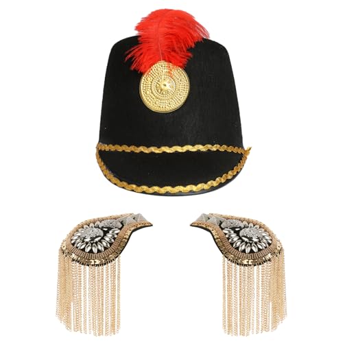 MSemis Kinder Marching Band Hut mit Golden Fransen Schulterklappen Set Soldatenhut Majoretten-Hut Uniform Epauletten Marching Band Kostüm Cosplay Schwarz A One Size von MSemis