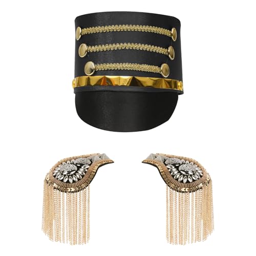 MSemis Kinder Marching Band Hut mit Golden Fransen Schulterklappen Set Soldatenhut Majoretten-Hut Uniform Epauletten Marching Band Kostüm Cosplay Schwarz B One Size von MSemis